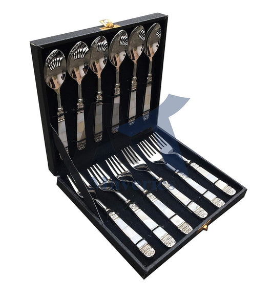 Maverics Classic Cutlery Set with Mother of Pearls & Beautiful Packing 12 Pieces, Set of 6 Dinner Spoon and 6 Serving Fork | Home Wedding & Corporate Diwali Gift