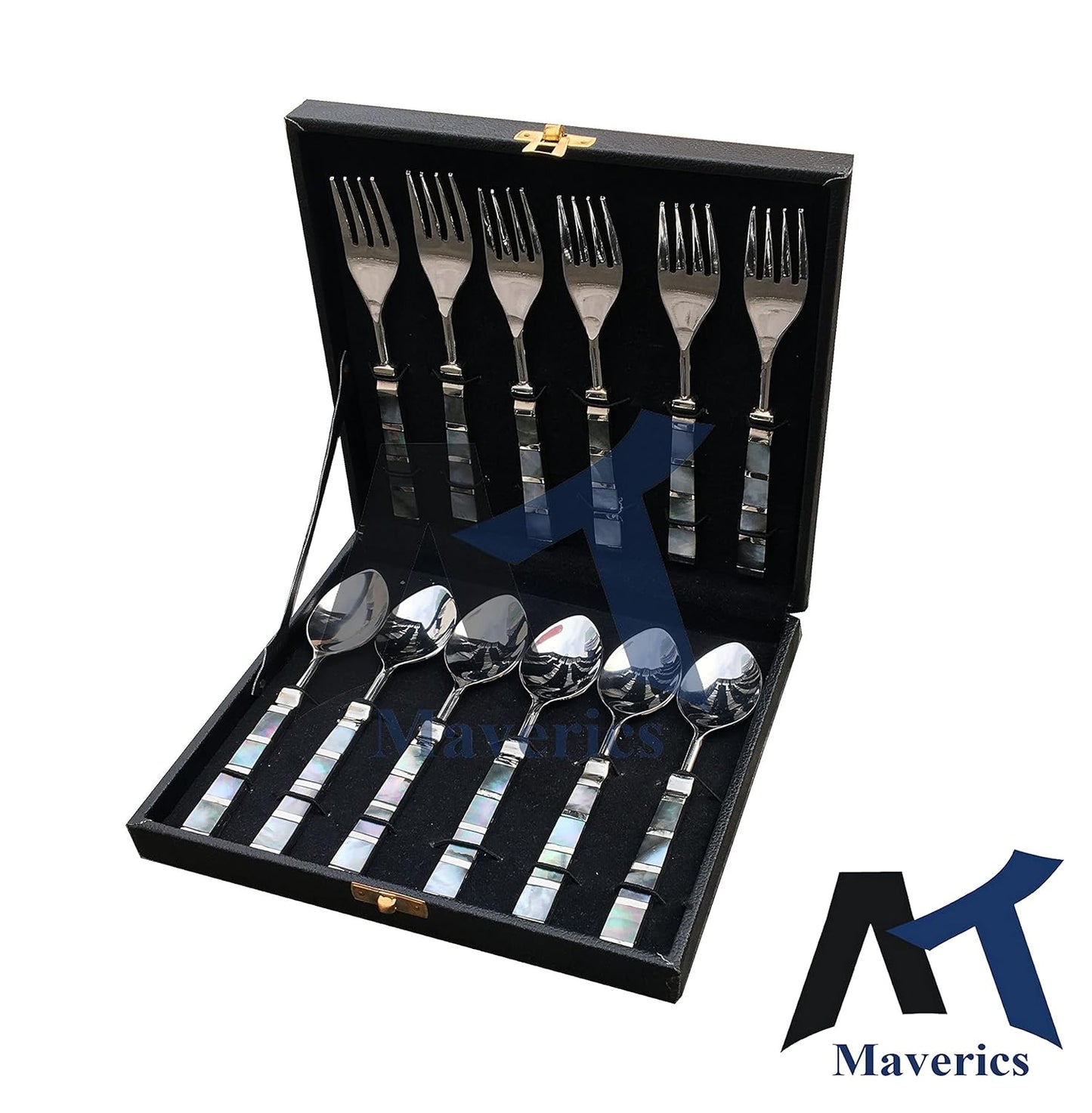 Maverics Black Mother of Pearl Single Design Stainless Steel Set of 6 Serving Spoon and 6 Serving Fork Cutlery Set