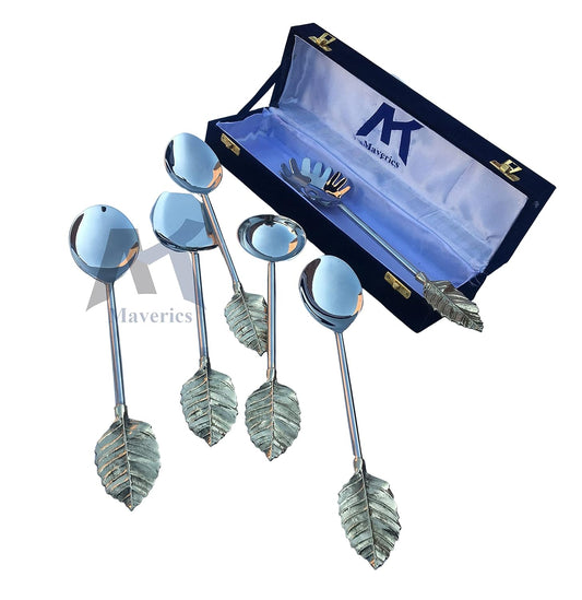 Maverics Leaf Design Serving Spoon Set of 6 pcs Made with Brass Leaf Handle & Stainless Steel Part