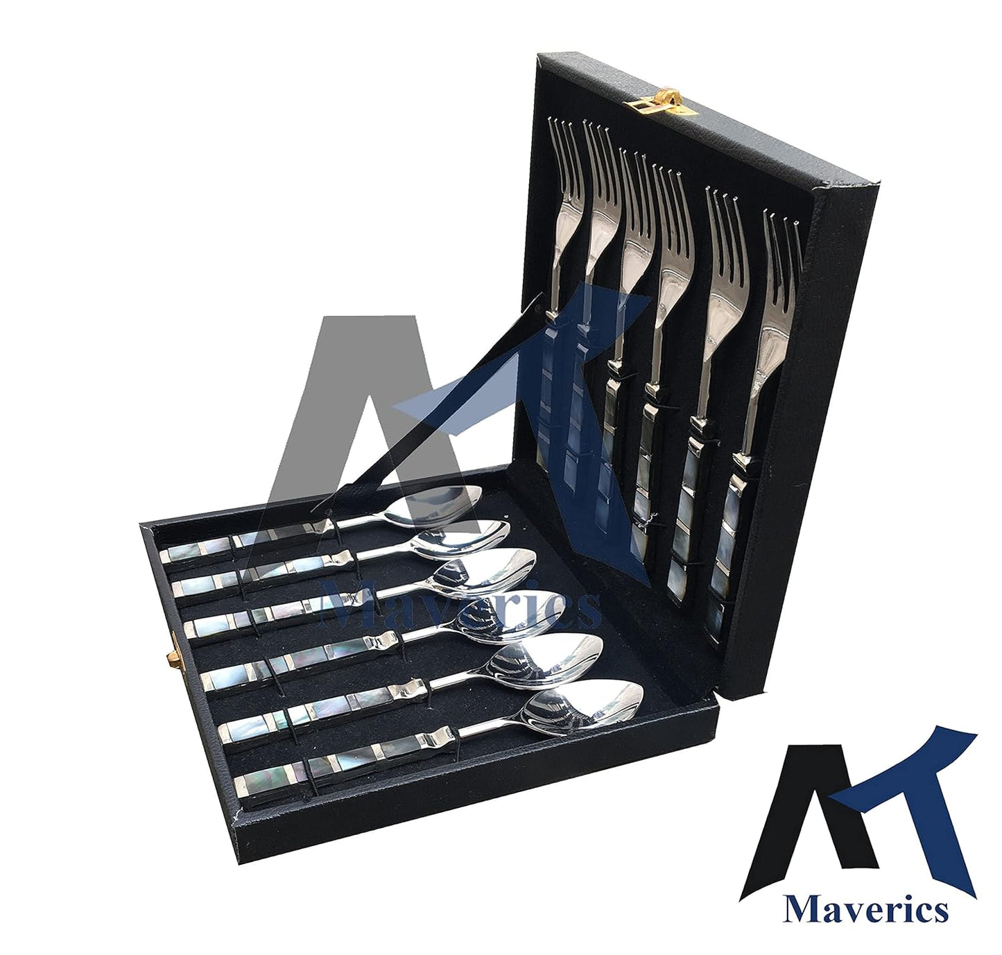 Maverics Black Mother of Pearl Single Design Stainless Steel Set of 6 Serving Spoon and 6 Serving Fork Cutlery Set