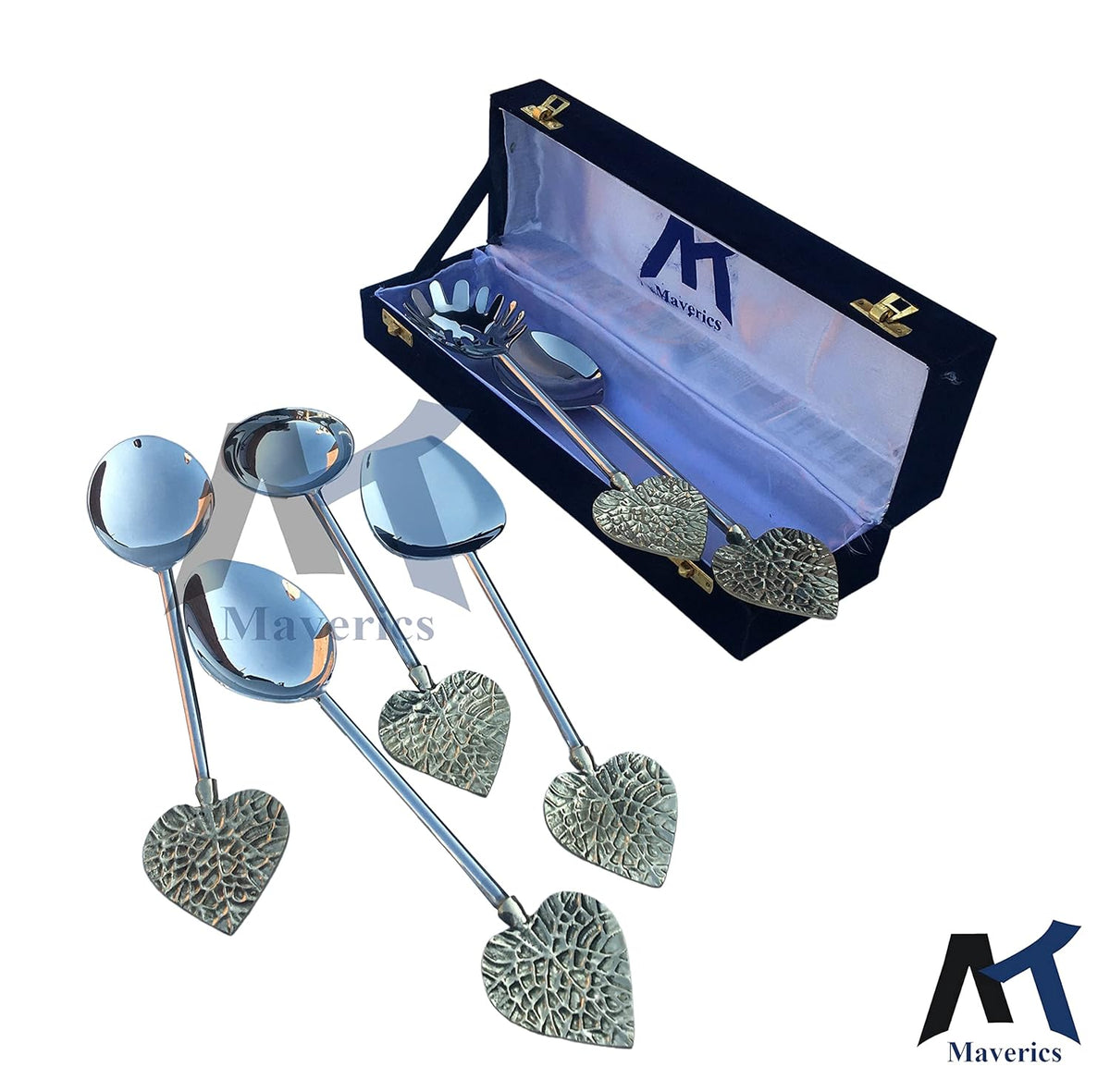Maverics Pan Leaf Design Serving Spoon Set of 6 pcs Made with Brass Handle and Steel Top Parts for Dining Table, Kithcen