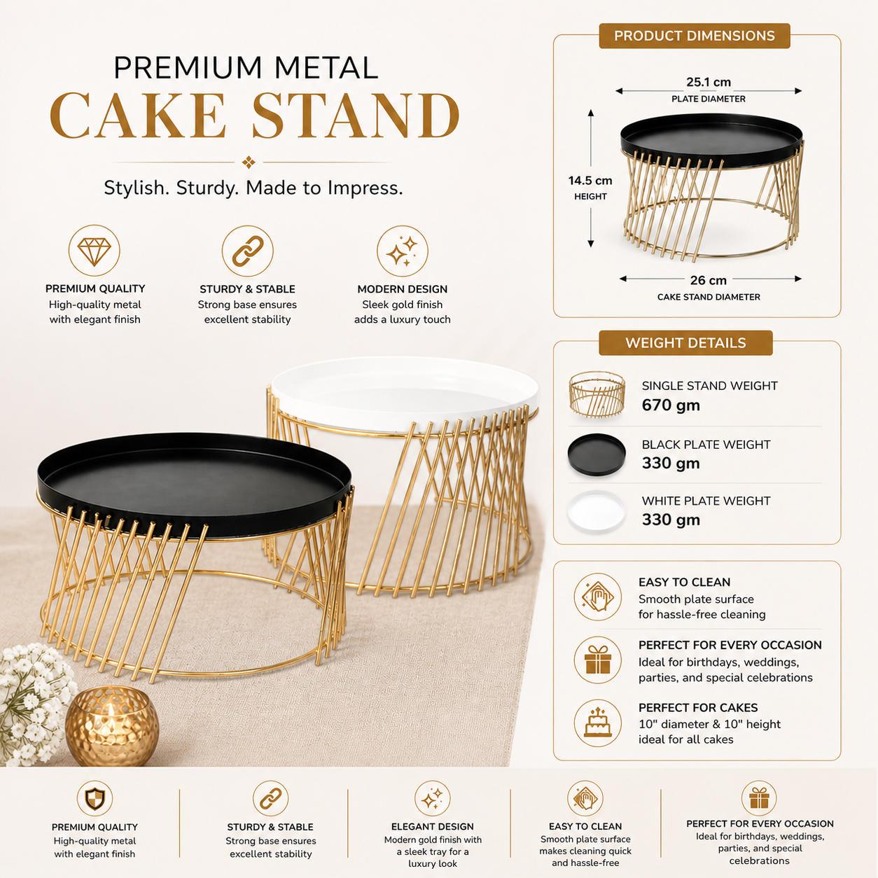 Maverics 28cm Round Cupcake Stand Metal Dessert Platter with Slanting Line Design, Sturdy Display Stand for Cupcakes, Cakes, Pastries – Ideal for Birthdays, Weddings, Christmas & Home Decor