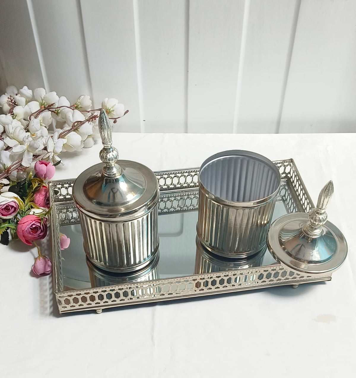 Silver Jali Mirror Tray with Lining Jar Set – 14x8'' Tray & 2 Silver-Finished 4x4'' Jars for Festive Gifting & Elegant Home Décor