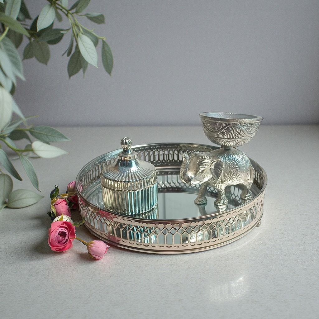 Silver Décor Combo – Glass Line Jar, Aluminium Elephant & Mirror Tray for Elegant Home Styling & Gifting