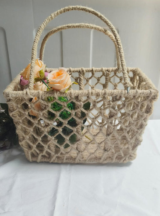 Maverics Handmade Jute Tray for Gift Hamper | Decorative Wedding Dress Serving Platter | Square Design Rope Storage Basket | Organize Home Living Room & Centre Dining Table Brown