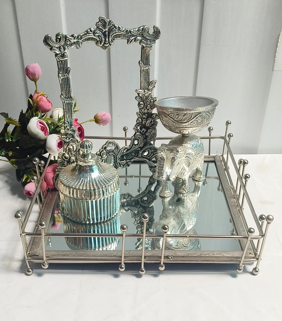 Silver Luxe Décor Combo – 12x12'' Mirror Tray, Lining Glass Jar, Aluminium Photo Frame & Elephant for Elegant Gifting & Home Styling