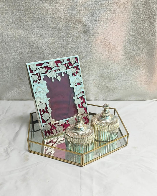 Elegant Silver Serve & Display Combo – 2 Glass Jars, Hexa Tray & Photo Frame