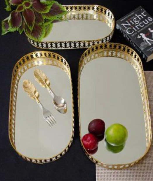 Set of 3 Golden Oval Mirror Trays – Elegant Decorative & Serving Tray Combo
