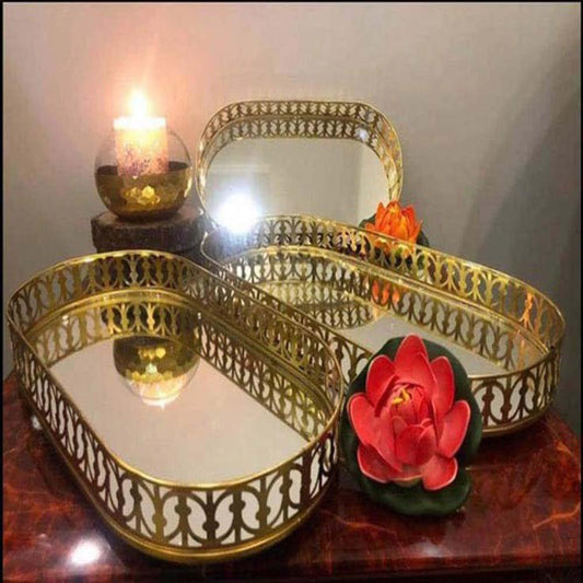 Set of 3 Golden Oval Mirror Trays – Elegant Decorative & Serving Tray Combo