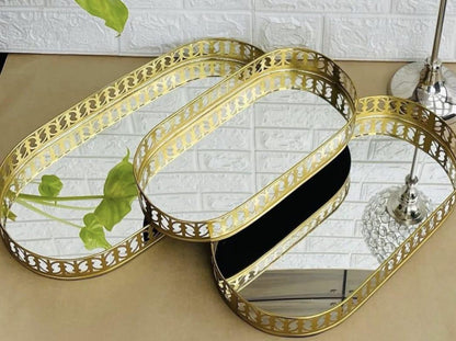 Set of 3 Golden Oval Mirror Trays – Elegant Decorative & Serving Tray Combo