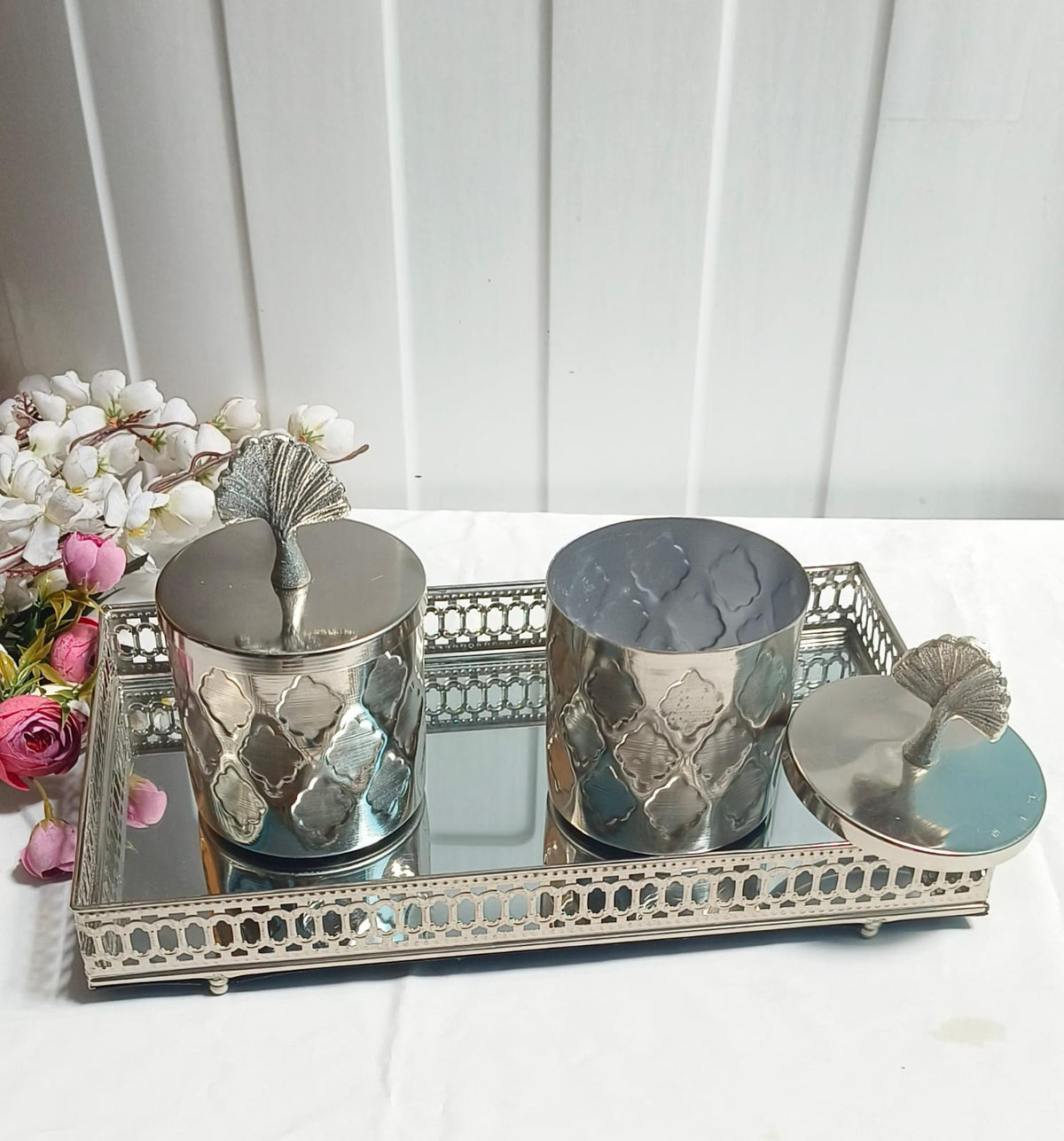 Elegant Silver Tray with Mirror (14x8) & Matching Silver Jar (4x4) – Premium Home Decor Gift Set