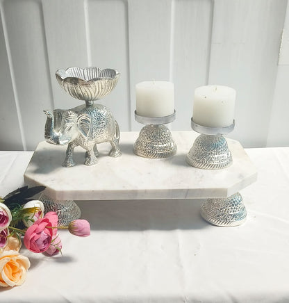 Aluminium Silver Elephant, 2 Wax Candles with Silver Holders & Marble Chowki – Luxurious Home Decor & Gift Set
