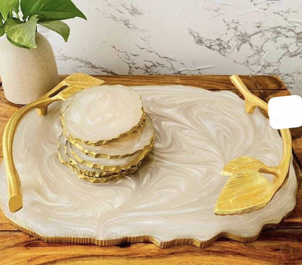 Premium Resin Serving Set – Tray with Golden Accents & 5 Coasters