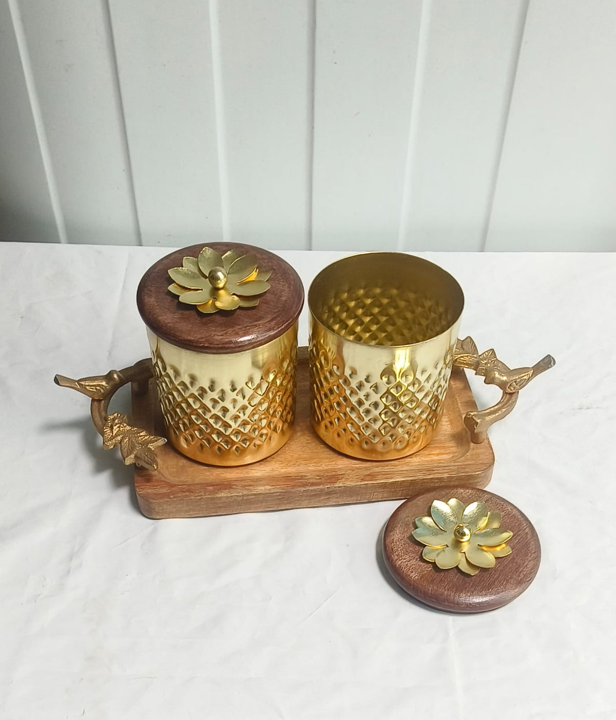 Luxury 10x6" Mango Wooden Tray with 2 Golden Storage Jars – Ideal for Kitchen & Gifting