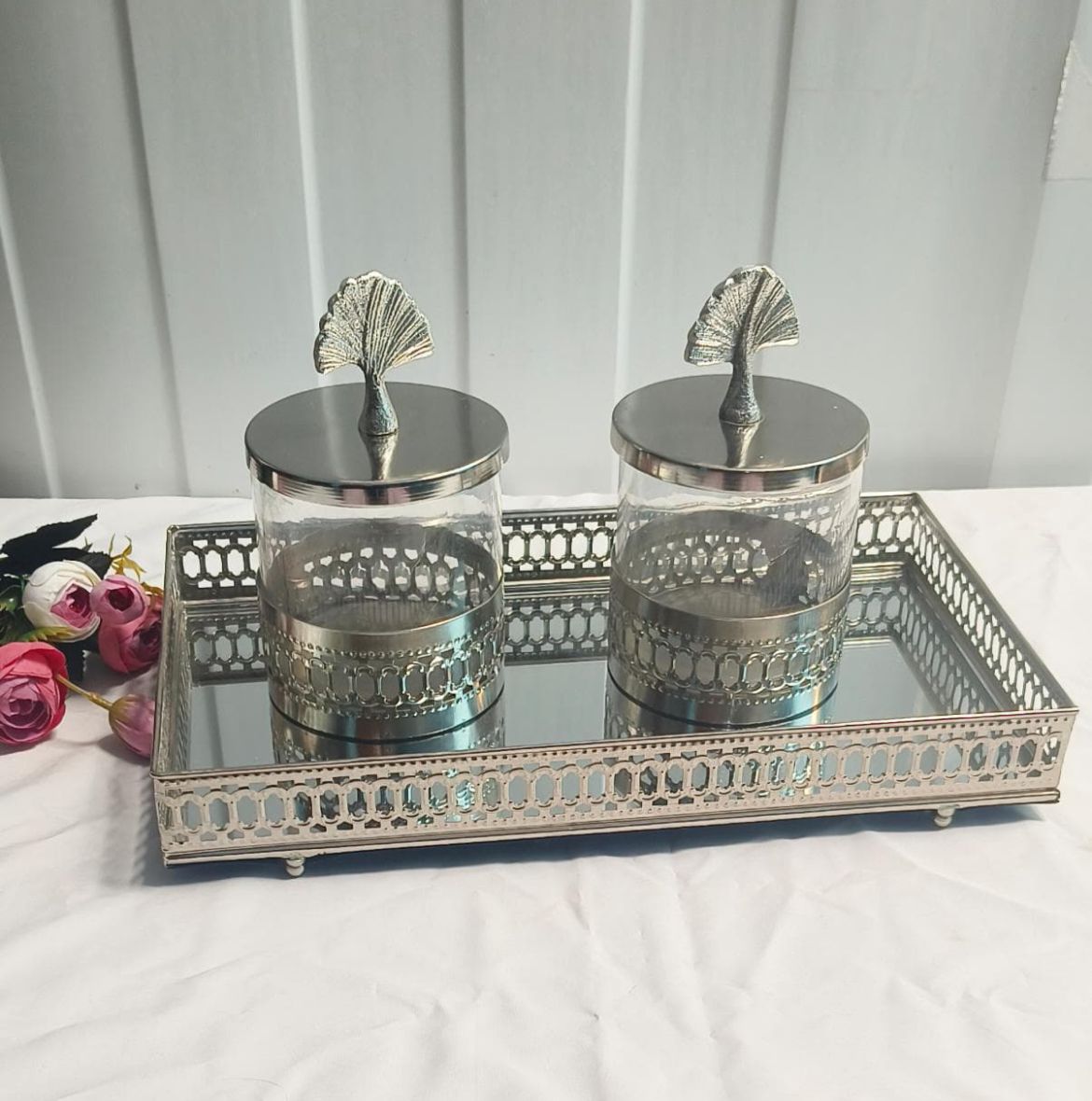 Elegant 14x8" Silver Mirror Tray with 2 Silver Jali Base Jars – Luxury Home Décor Combo
