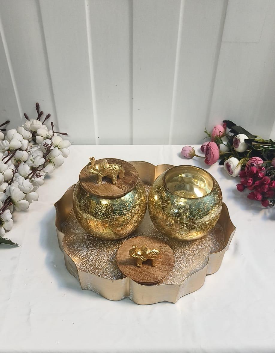 Crackle Glass Matki Jar Set with Etching Urli – 2 Wooden-Lid Jars & 12'' Golden-White Iron Urli for Festive Décor & Gifting