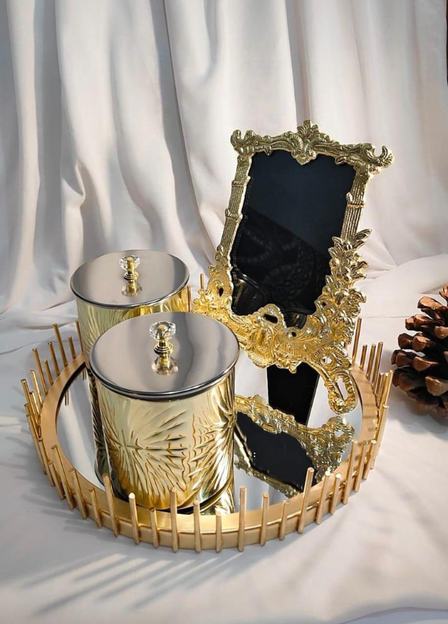Golden Home Décor Gift Set – 2 Decorative Jars, Aluminium Photo Frame & Mirror Wire Tray for Festive Styling & Gifting