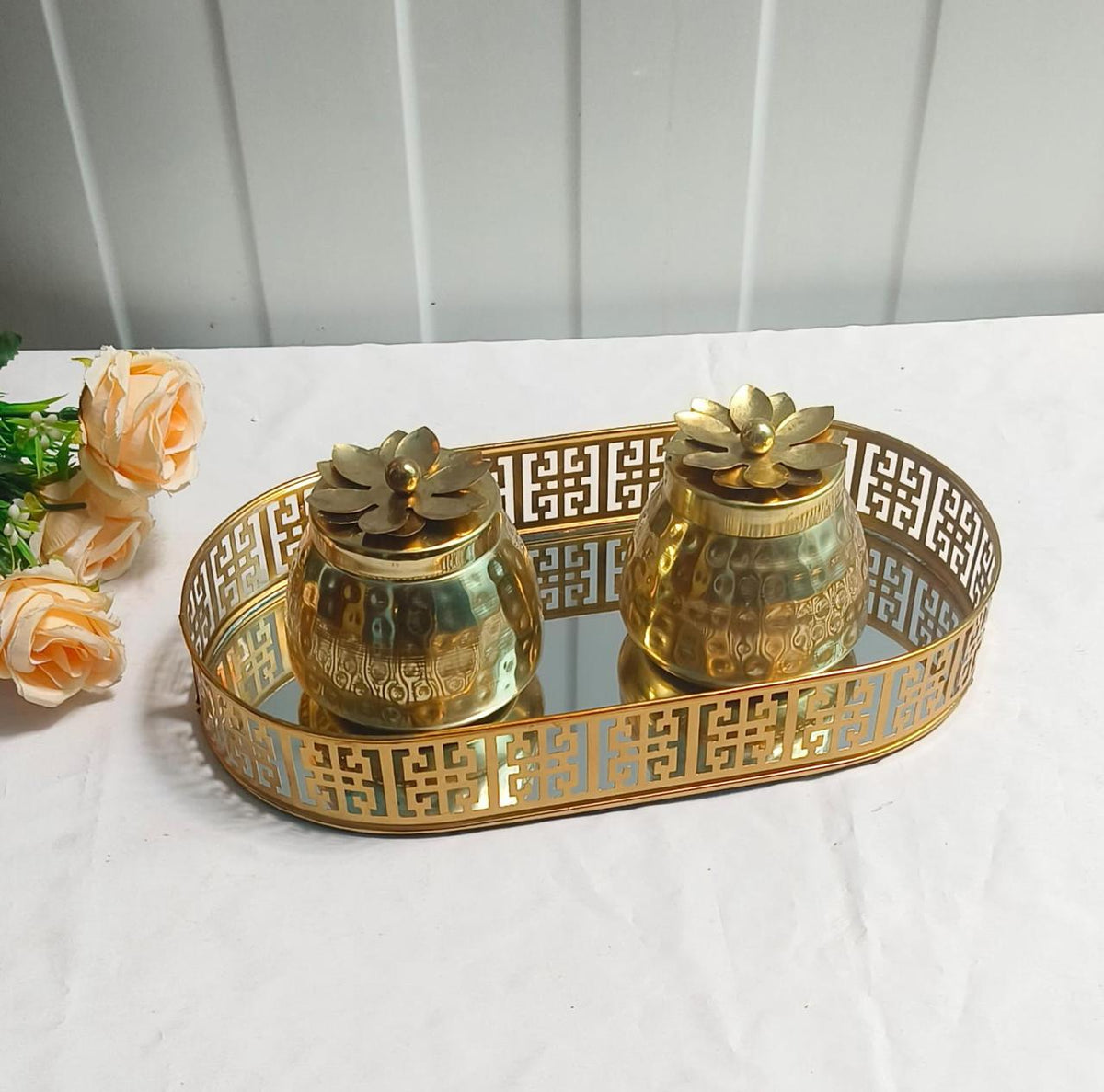 Gold Cattle Jar & Oval Jali Tray Combo – Elegant 12x6'' Tray with 3x3'' Jar for Home Décor & Gifting