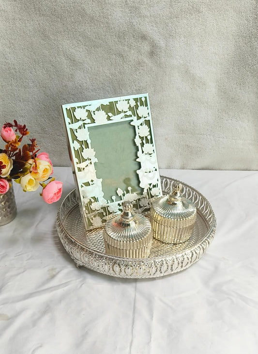 Elegant Silver Serve & Display Combo – 2 Glass Jars, Hexa Tray & Photo Frame