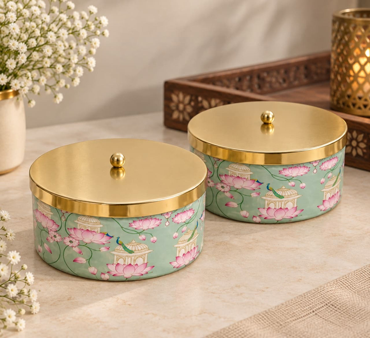 Maverics floral decorative storage box set of 2, 6 x 2 inches