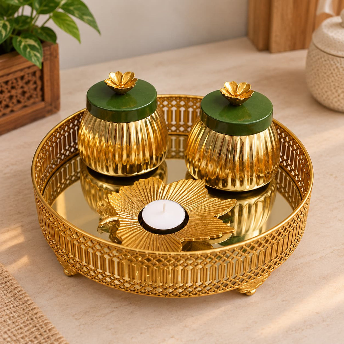 Maverics gold and olive green decorative tray set with two jars and tealight holder