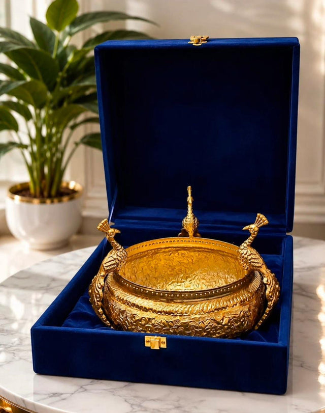 Maverics Gold Peacock Urli with Blue Velvet Gift Box