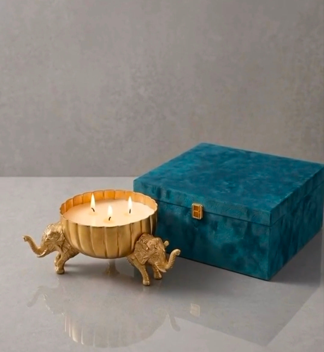 Maverics golden elephant diya with blue velvet gift box