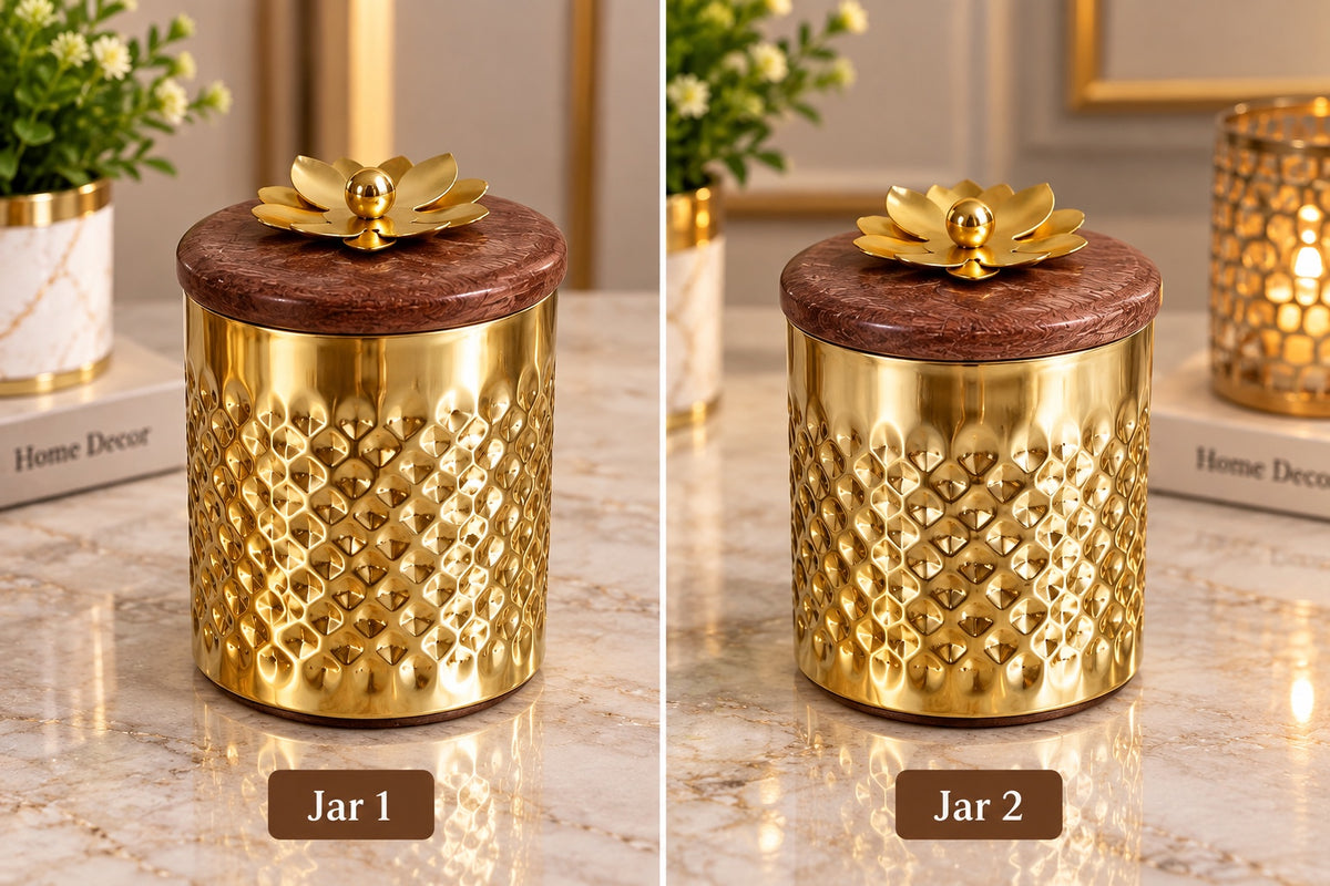Maverics golden honeycomb storage jars with floral wooden lids, set of 2, 4 x 4 inches