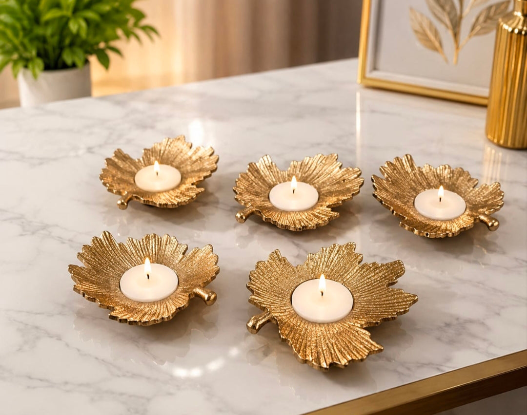 Maverics Golden Leaf Tealight Candle Holder Set of 5