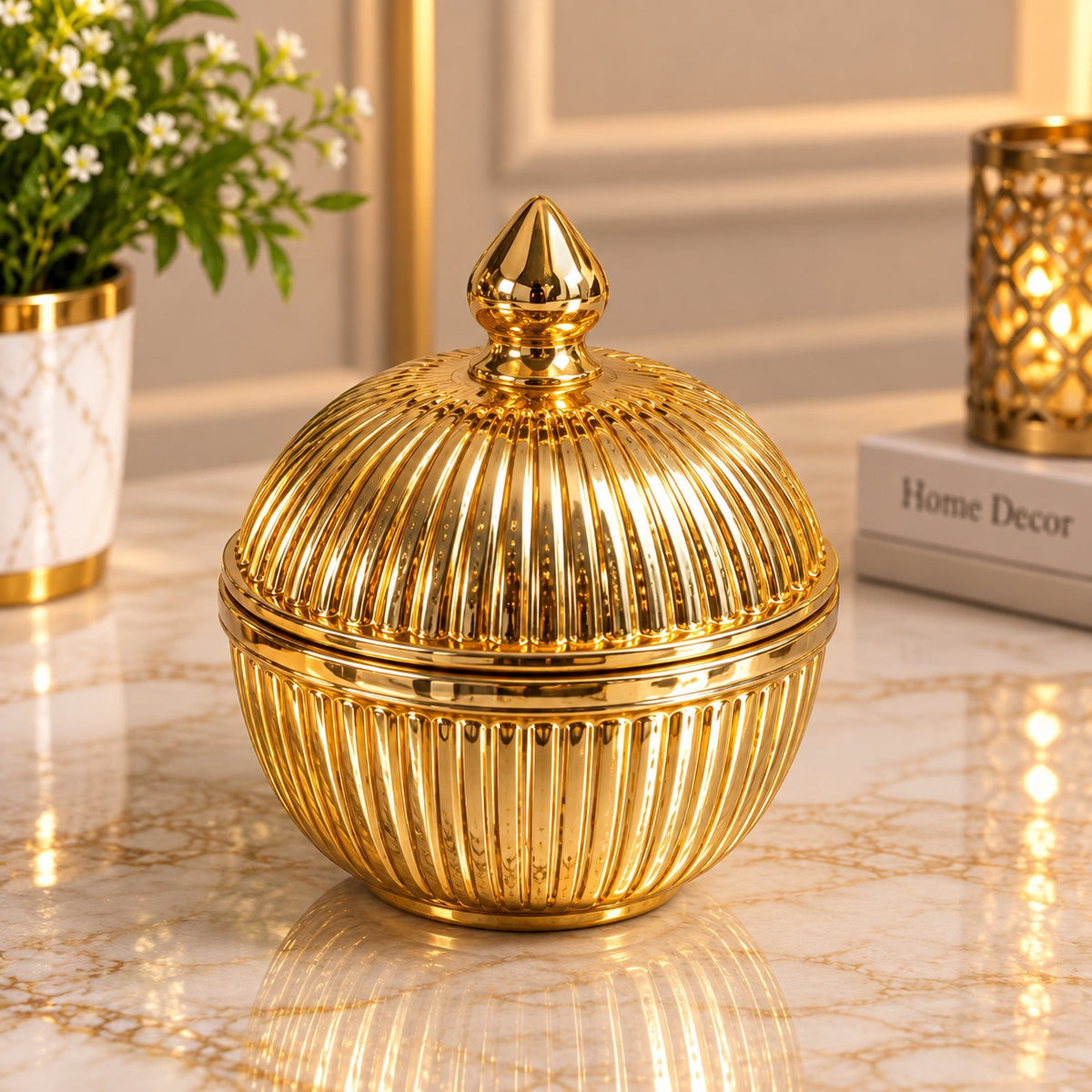 Maverics golden ribbed decorative storage box with finial lid, 5 inches
