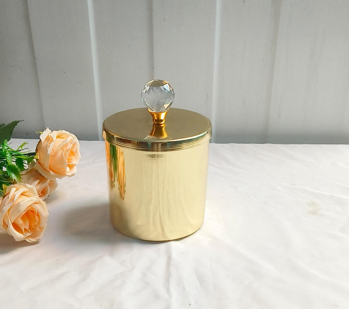 Maverics golden storage jar with crystal finial lid, 4 x 2 inches