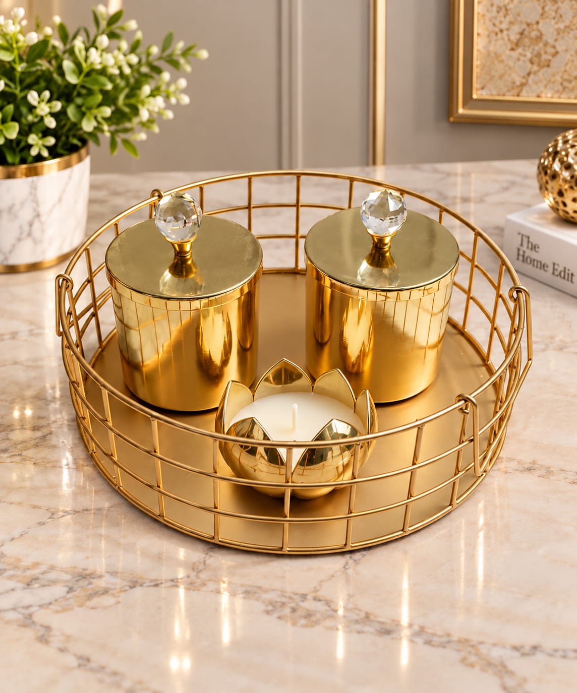Golden tray gift set with two gold jars and lotus candle holder