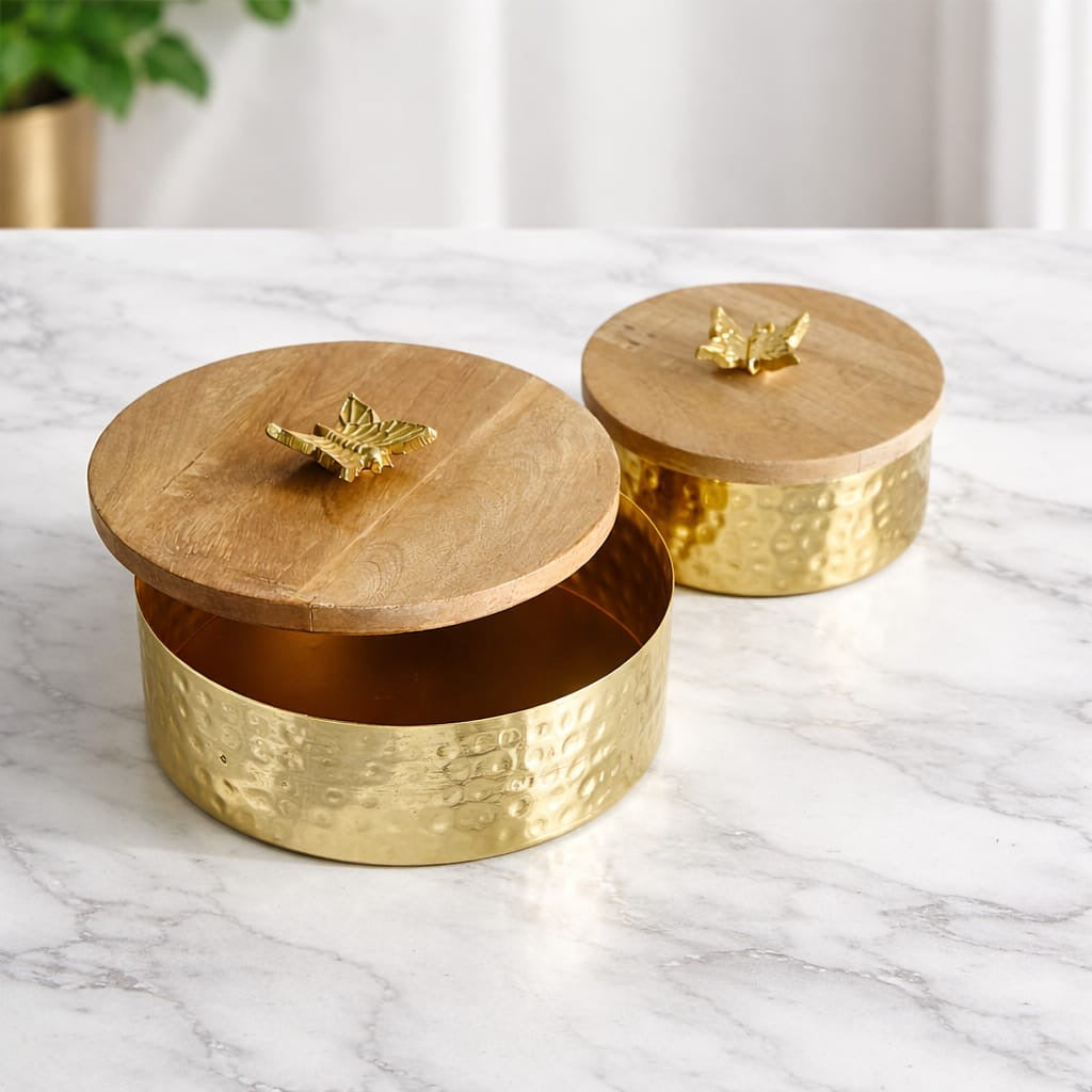 Maverics golden storage jar set of 2 with wooden lids, 6 x 2 and 8 x 3 inches