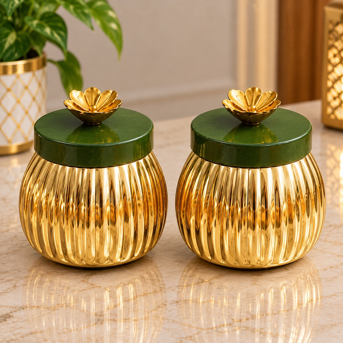 Maverics green and gold ribbed decorative storage jars with floral lids, 3.5 inches