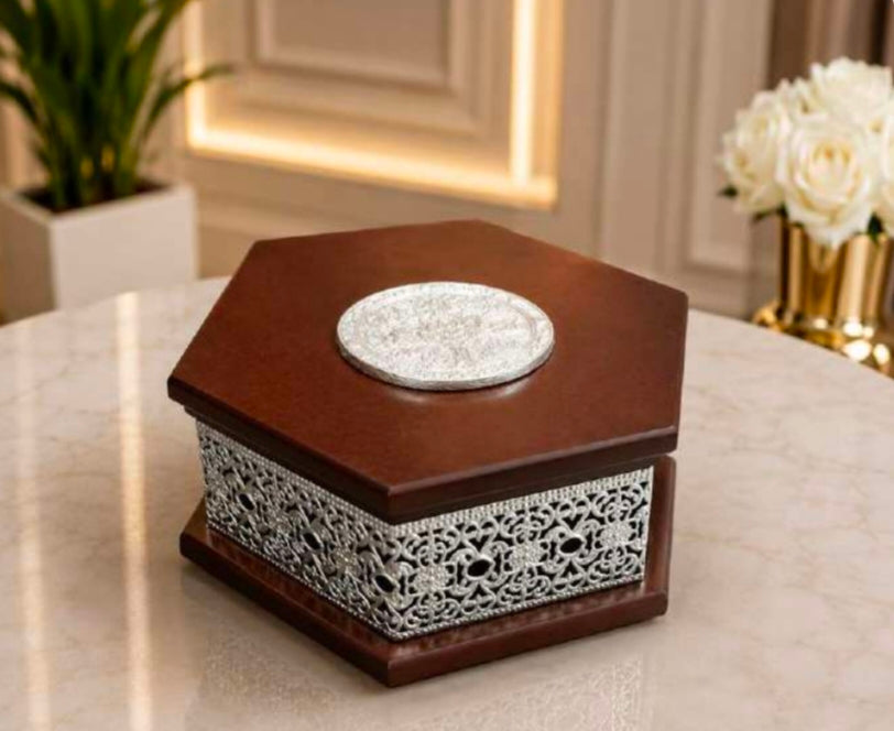 Maverics hexagonal wooden decorative box with silver design, 6 inches