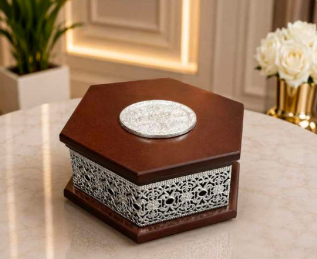 Maverics hexagonal wooden decorative box with silver design, 6 inches
