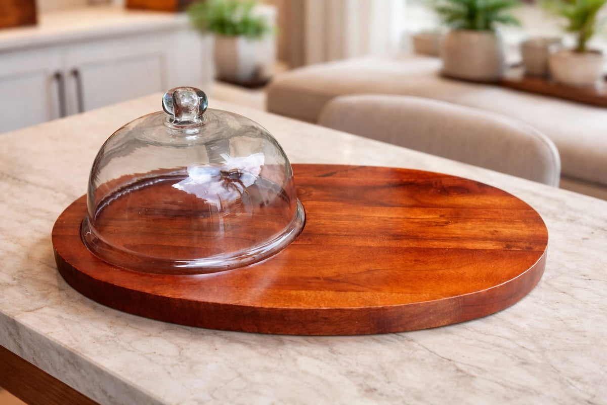 Maverics Large Wooden Serving Board with Glass Cloche Dome