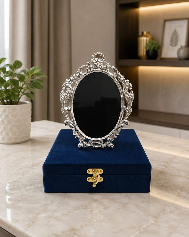 Maverics ornate silver oval decorative photo frame with blue velvet gift box