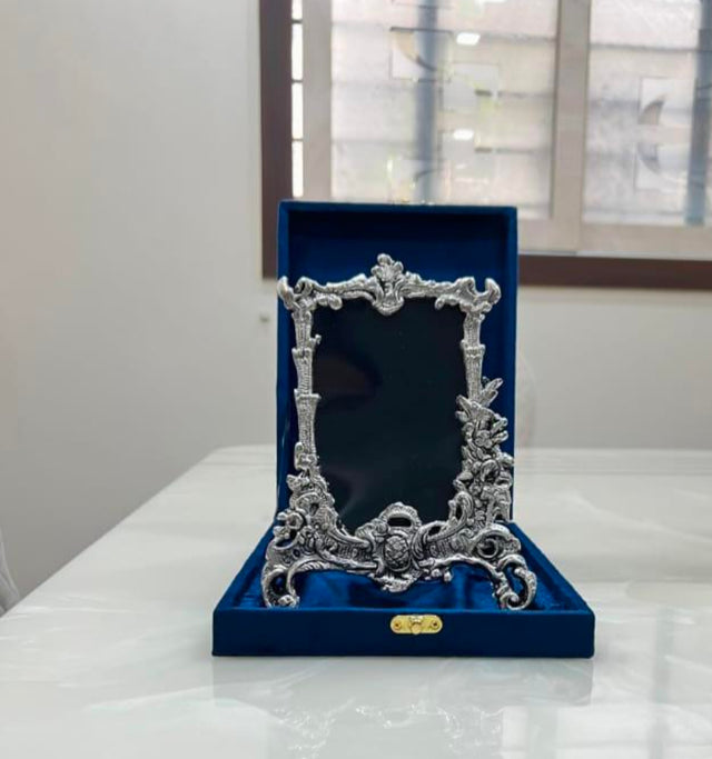 Maverics ornate silver photo frame with blue velvet gift box