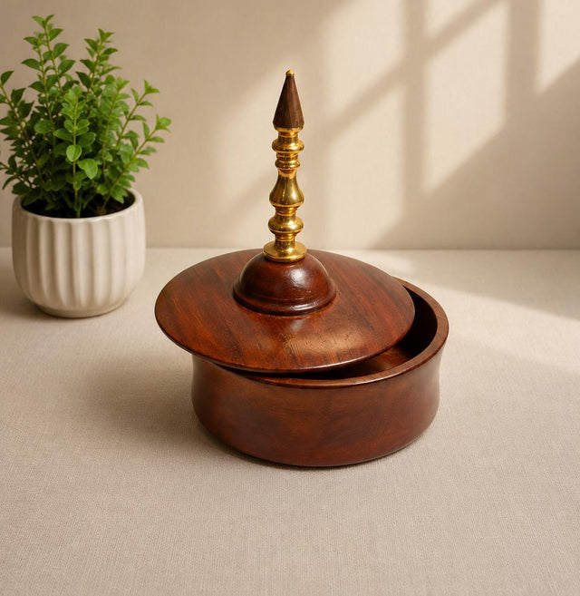 Premium wooden chapati box with brass finial