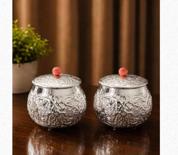 Maverics silver decorative storage jars with ornate lids and pink finials, 5 inches