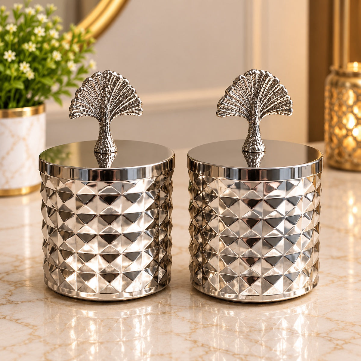 Maverics silver decorative storage jars with ginkgo leaf finials, 4 x 4 inches