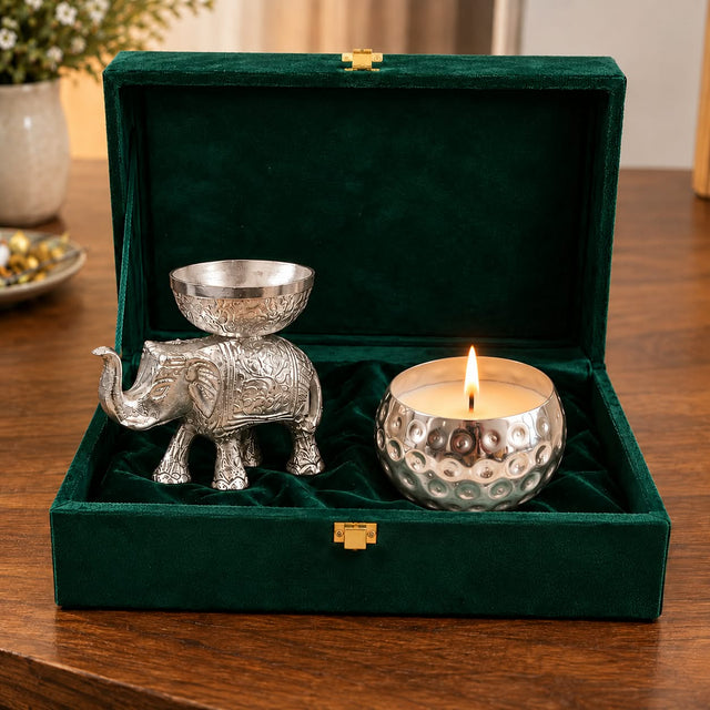 Silver elephant diya and candle gift set in green velvet box