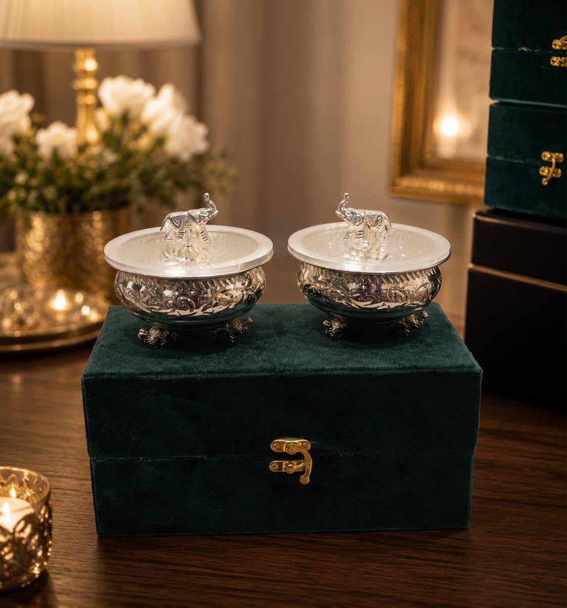 Maverics silver elephant decorative Urli set with green velvet gift box