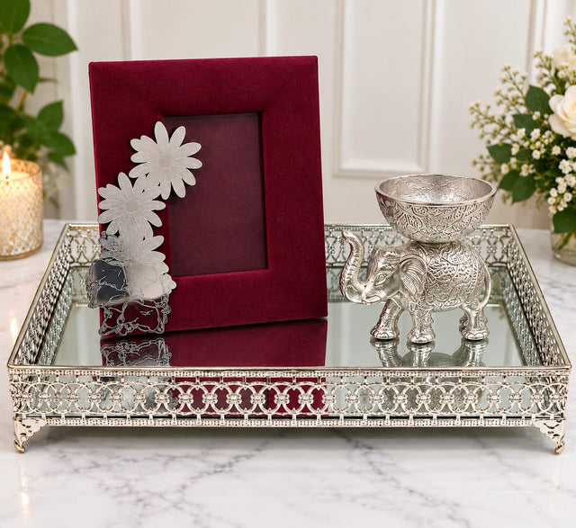 Maverics silver decorative tray hamper with elephant bowl and floral photo frame