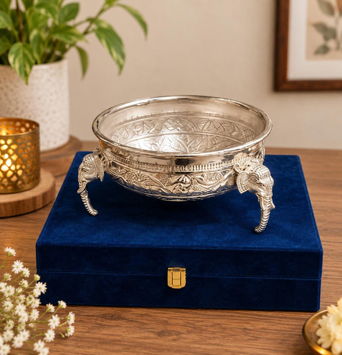 Maverics silver elephant decorative Urli with blue velvet gift box