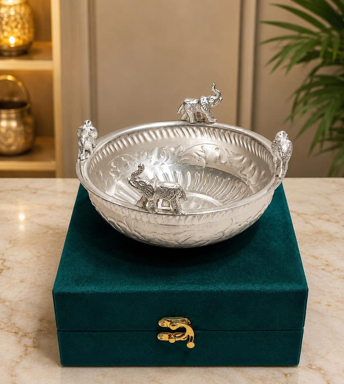 Maverics silver elephant decorative Urli with green velvet gift box
