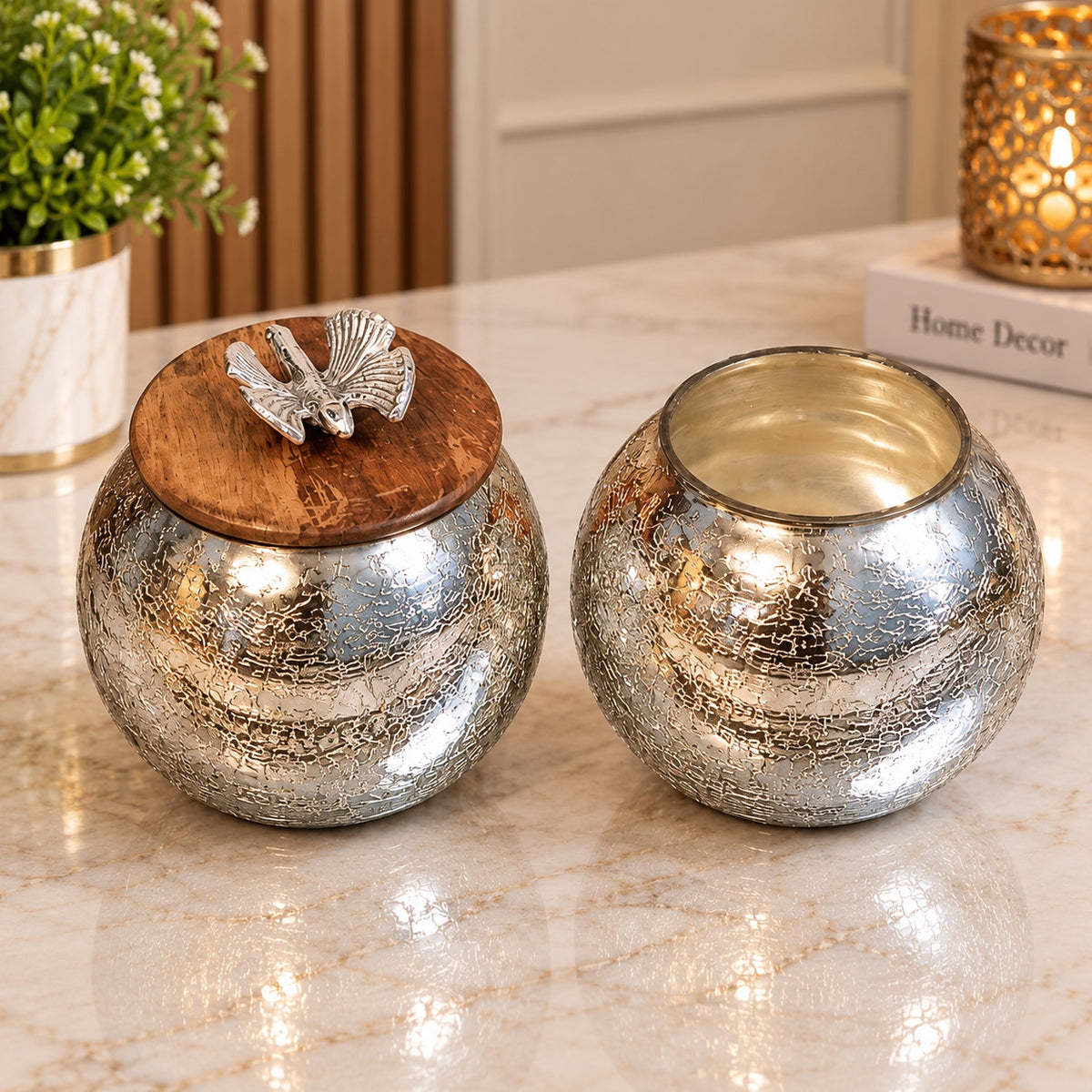 Maverics Silver & Golden Decorative Storage Jars Set of 2 – 5 Inch