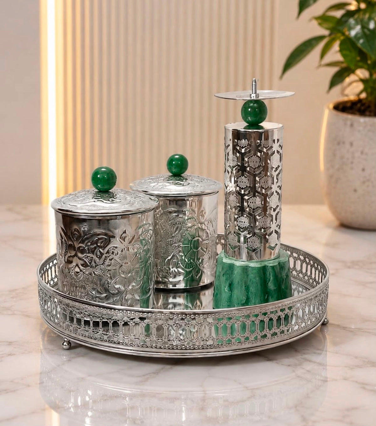 Maverics silver decorative tray hamper set with green stone jars and candle holder