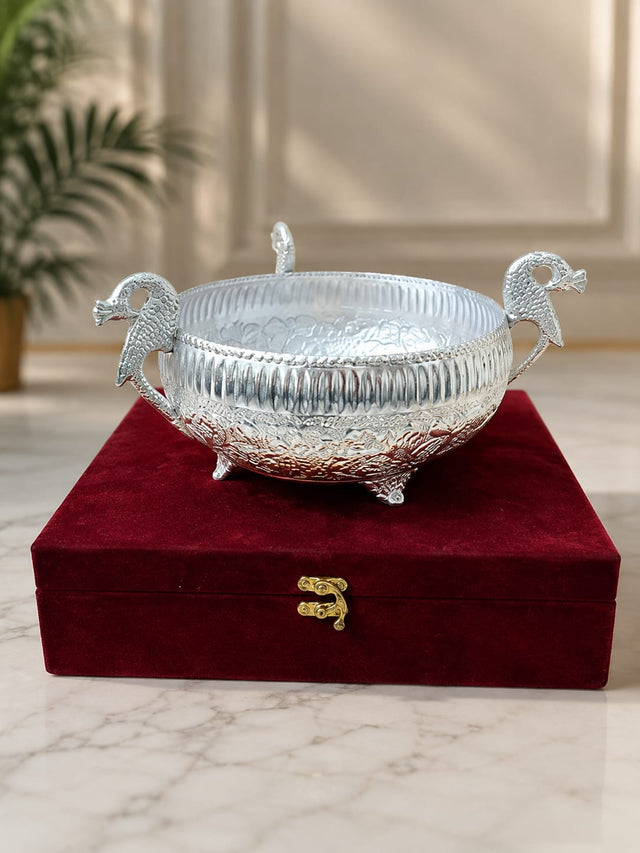 Maverics 18-Inch Silver Peacock Urli with Velvet Gift Box